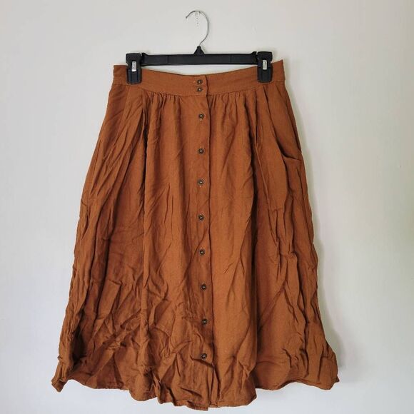 Forever 21 Brown Button Front Midi Skirt Women’s Small Rayon Pockets - Picture 1 of 6